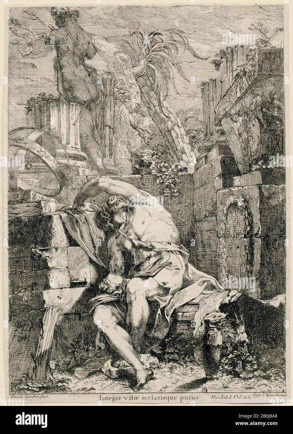 The sleeping philosopher Demokritus amid antique fragments, animal skulls and half dead trees sleeps ancient philosopher Democritus of Abdera. Beside him are an oil lamp and a celestial globe. He is in the traditional attitude of the personification of sleep and night: the curved arm overhead. With inscription derived from the preamble of an ode to Horace: Integer vitae scelerisque purus (Hor: Lib I. Od:. 22), which refers to an upright of life, free of zonden. Manufacturer : print maker: Giovanni David (indicated on object) in its design: Giovanni David (listed building) editor: Teodoro Viero Stock Photo