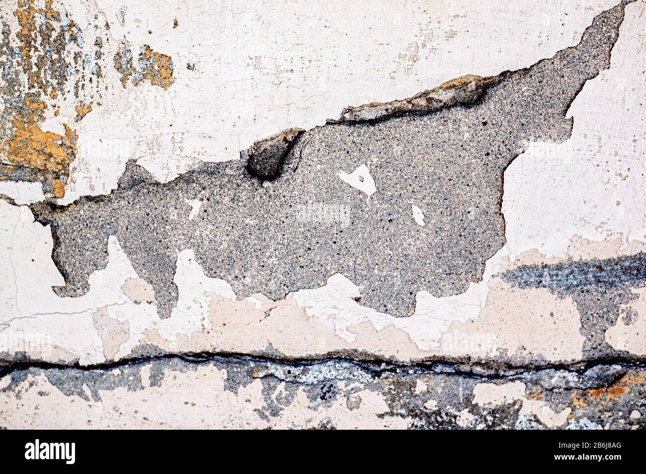 gray cement wall with deep cracks from old age and precipitation. Blank