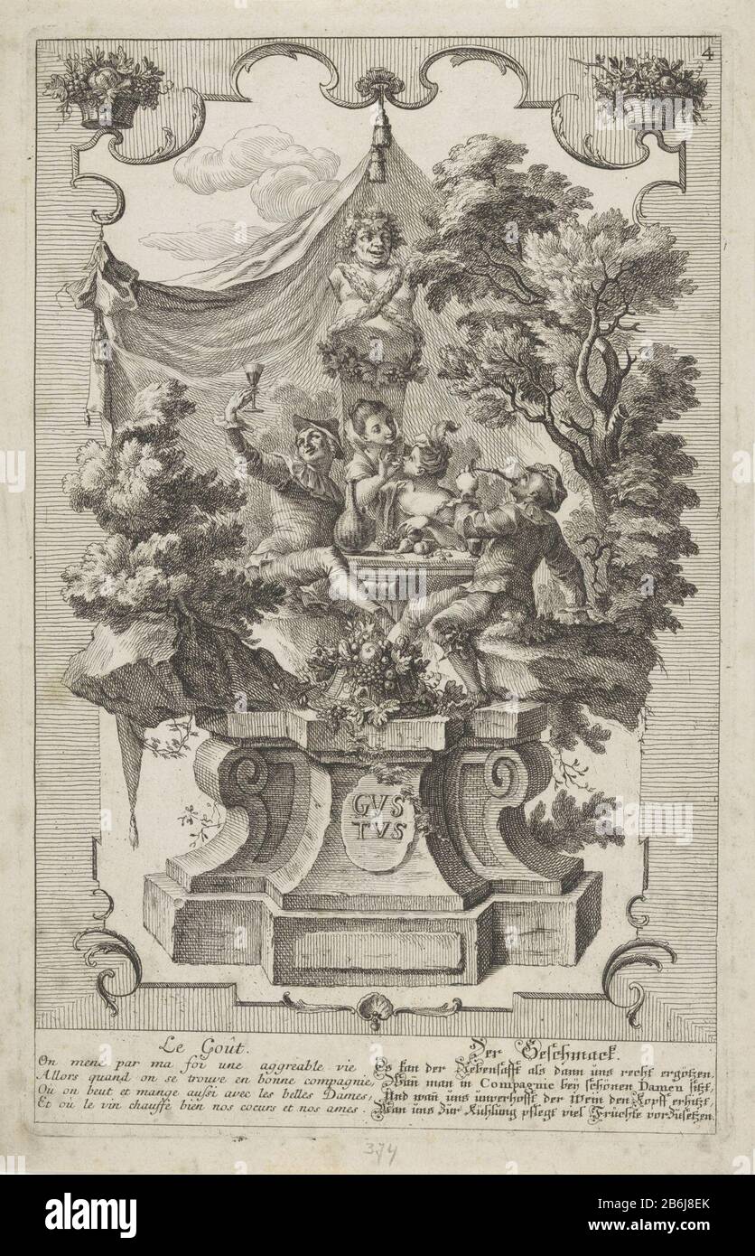 Allegory with regard to taste. People eat and drink. In the bottom margin twice four-line text in French and Duits. Manufacturer : printmaker: Gottfried Bernhard Götz (possible) to drawing: Gottfried Bernhard Götzuitgever: Johann Andreas Pfeffel (der Ältere) Place manufacture: Augsburg Date: 1718 - 1748 Physical features: etching material: paper technique: etching dimensions: plate edge: h 286 mm × W 181 mm Subject: taste, tasting (one of the five senses) Stock Photo