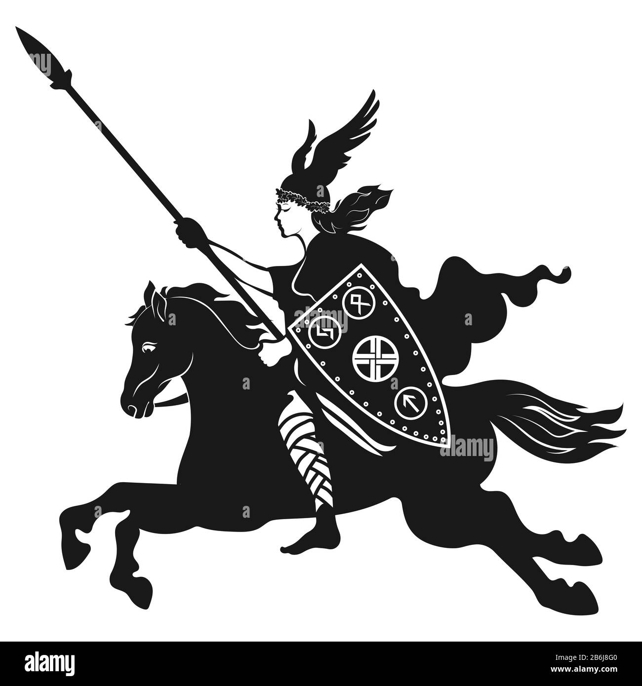 Viking design. Valkyrie on a warhorse, illustration to Scandinavian mythology, drawn in Art Nouveau style Stock Vector