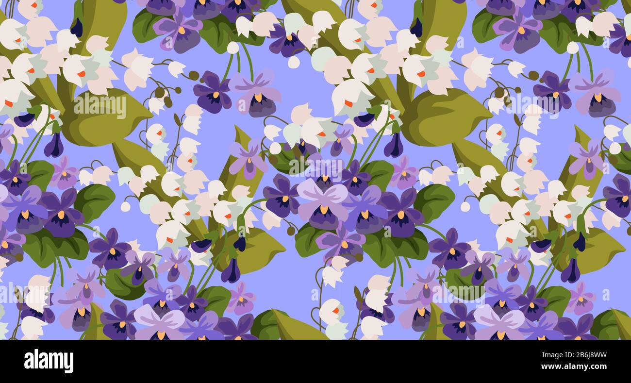 Horizontal Seamless pattern with bouquets of violet and may-lily on a blue background. Cute cartoon vector illustration Stock Vector