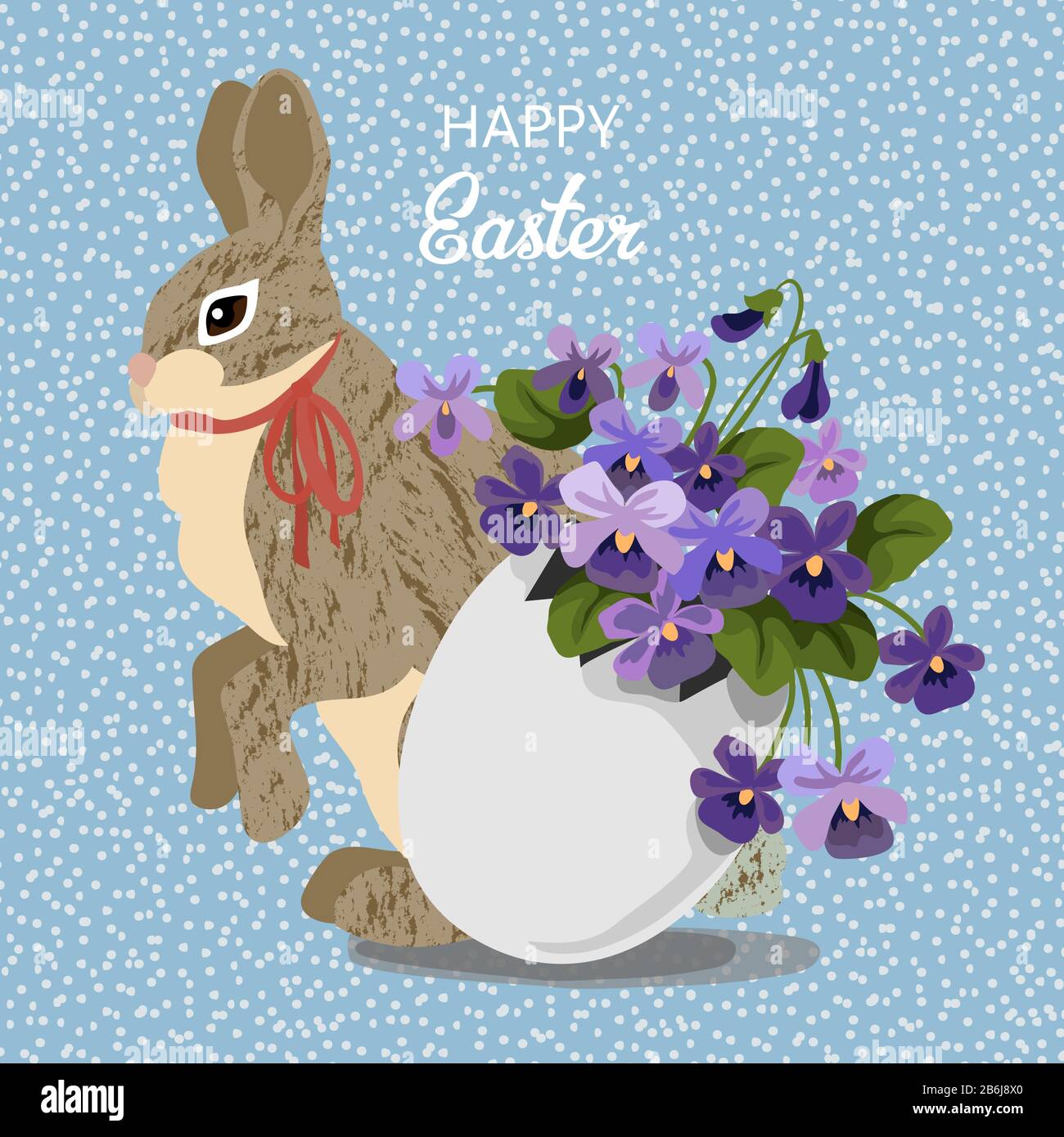 Cute gray rabbit with flowers in eggshell, hare and bouquet of lilac violet in egg on a blue background. Spring vector illustration Stock Vector