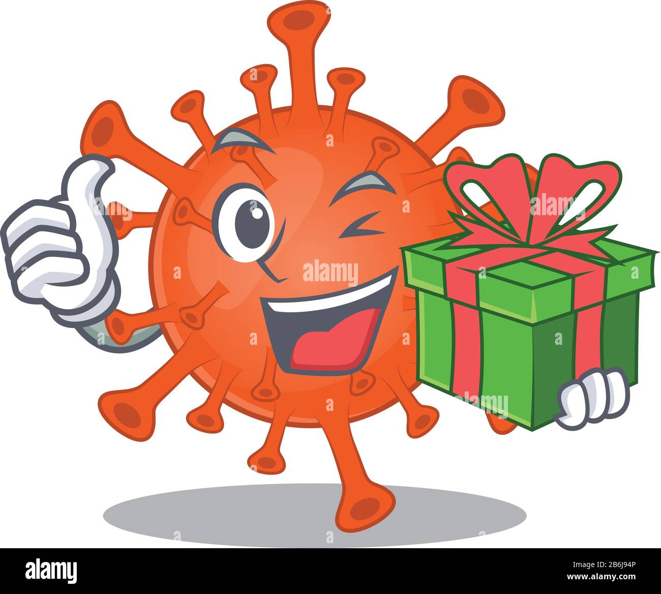 Smiley deadly corona virus cartoon character having a gift box Stock Vector