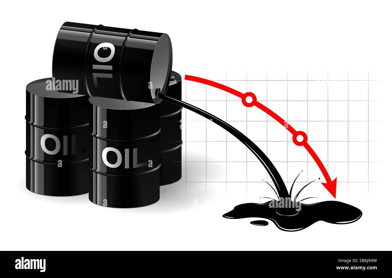 The chart of the fall in the oil price. Black liquid pouring out of the barrel. Very low fuel price. Stock Vector