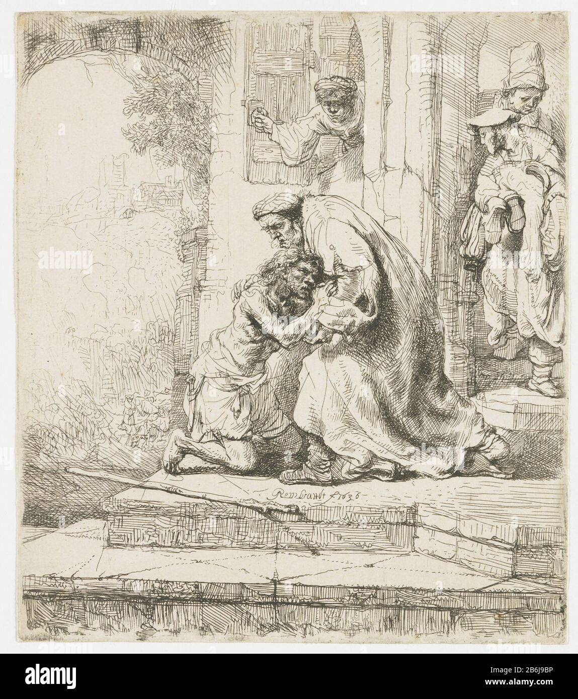 The return of the prodigal son the return of the prodigal son: he kneels before his father on the steps of his home. In the door opening two figures, in a third looks out the venster. Manufacturer : print maker: Rembrandt van Rijn (indicated on object) to his own design of Rembrandt van Rijn Date: 1636 Physical features: etching material: paper Technique: etching dimensions: h 156 mm × W 136 mm Subject: the parable of the prodigal son (Luke 15: 11-32) Stock Photo