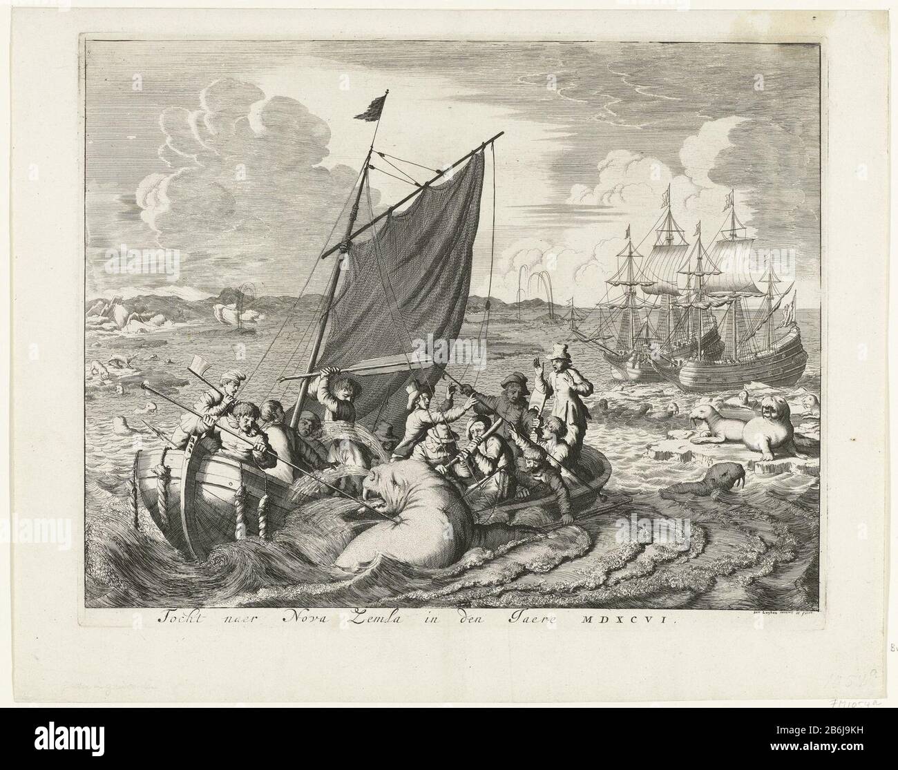 The trip to Nova Zembla in 1596 Scenic naer Nova Zemla in the Jaere MDXCVI (title object) the trip to Nova Zembla in 1596. the ship's crew in a boat in combat with a walrus, in the background the two schepen. Manufacturer : printmaker Jan Luyken (listed building) in its design: Jan Luyken (listed property) Place manufacture: Northern Netherlands Date: 1679 - 1681 Physical features: etching material: paper Technique: etching dimensions: plate edge: h 273 mm × W 343 mmToelichtingGebruikt as illustration in: P . Christiaensz Bor., Oorsprongk, start, and vervolgh of the Dutch Wars, Amsterdam 1679- Stock Photo