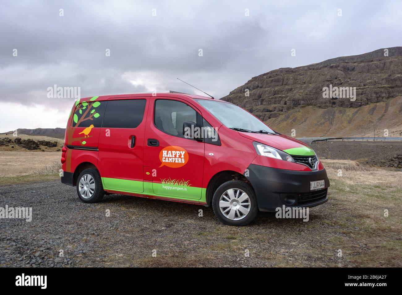 A Happy Campers campervan parked by the ring road of Iceland Stock Photo -  Alamy