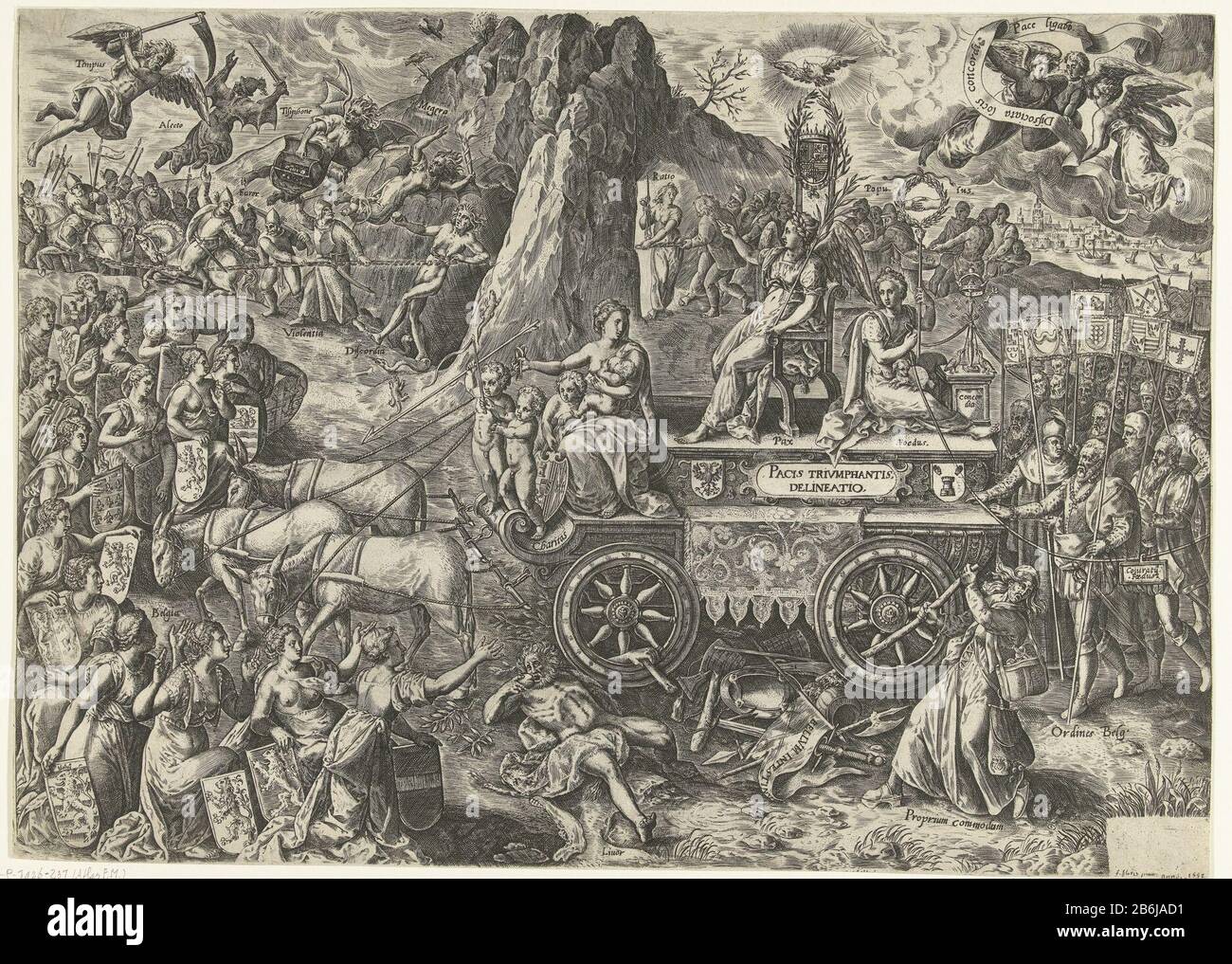 The triomfwagen van de vrede, 1577 Triumphant Peace project (titel op object) The chariot of peace, 1577Pacis triumphantis delineatio (title object) Property Type: print propaganda picture Item number: RP-P-1926-237Catalogusreferentie: FMH 723-BFMH 1272Atlas van Stolk 605-bMauquoy-Hendricx (Who: rix) 1650Hollstein Dutch 1934-2 (2) Description: Allegory concluded peace with the Edict of 1577. the chariot of peace, drawn by three donkeys. The car sitting female personifications of Love (Charity), Peace (Pax) and Covenant (Foedus) and weapons of Philip II, Don Juan of Austria and Antwerp. Left kn Stock Photo