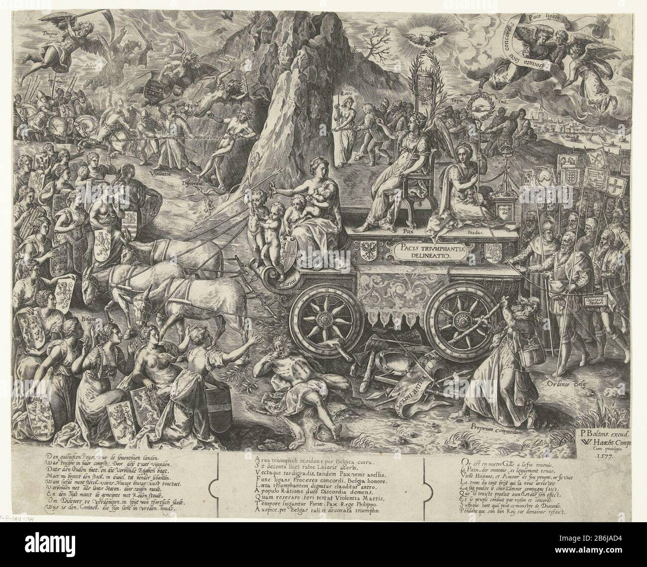 The triomfwagen van de vrede, 1577 Triumphant Peace project (titel op object) the chariot of peace, 1577Pacis triumphantis delineatio (title object) Object Type: print propaganda print Object number: RP-P-1911-744Catalogusreferentie: FMH 723-B [2] FMH 1272Atlas of Stolk 605-aMauquoy- Hendricx (Who: rix) 1650Hollstein Dutch 1934-1 (2) Description: Allegory concluded peace with the Edict of 1577. the chariot of peace, drawn by three donkeys. The car sitting female personifications of Love (Charity), Peace (Pax) and Covenant (Foedus) and weapons of Philip II of Austria Don Juan and William of Ora Stock Photo