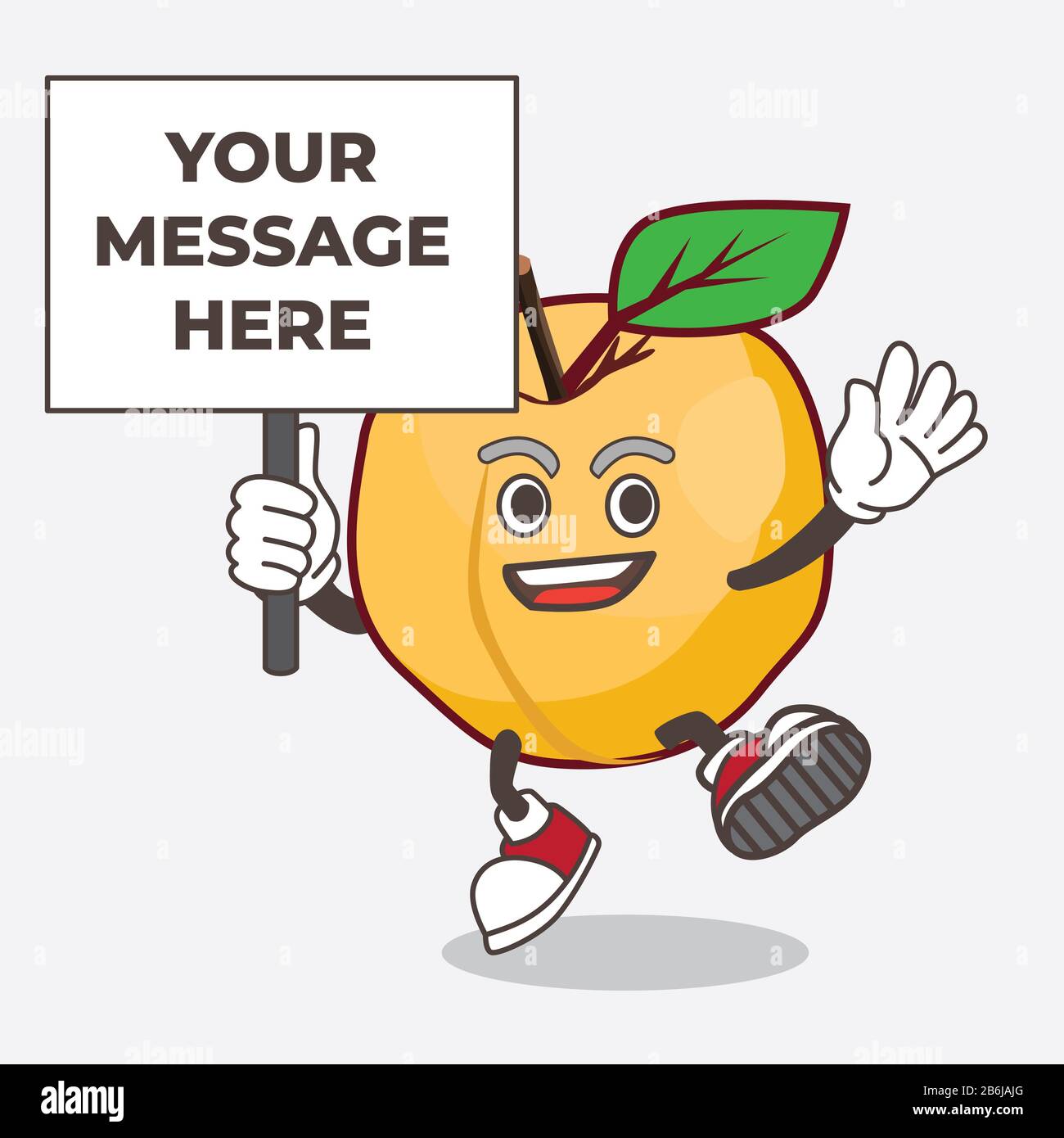 A picture of Apricot cartoon mascot character with board sign message