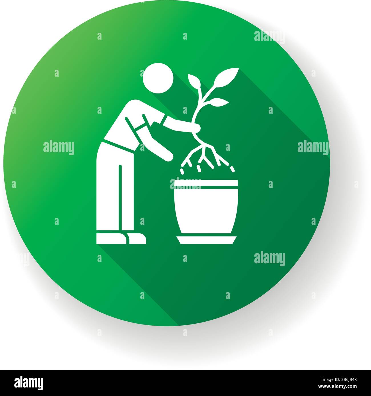 Replanting green flat design long shadow glyph icon. Houseplant caring. Transplanting, repotting. Plant growing. Potting plant, changing planter Stock Vector