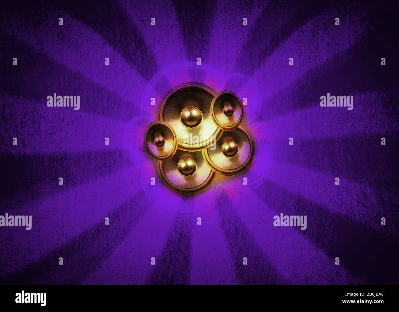Audio speakers on a purple sunburst background with vignette Stock Photo