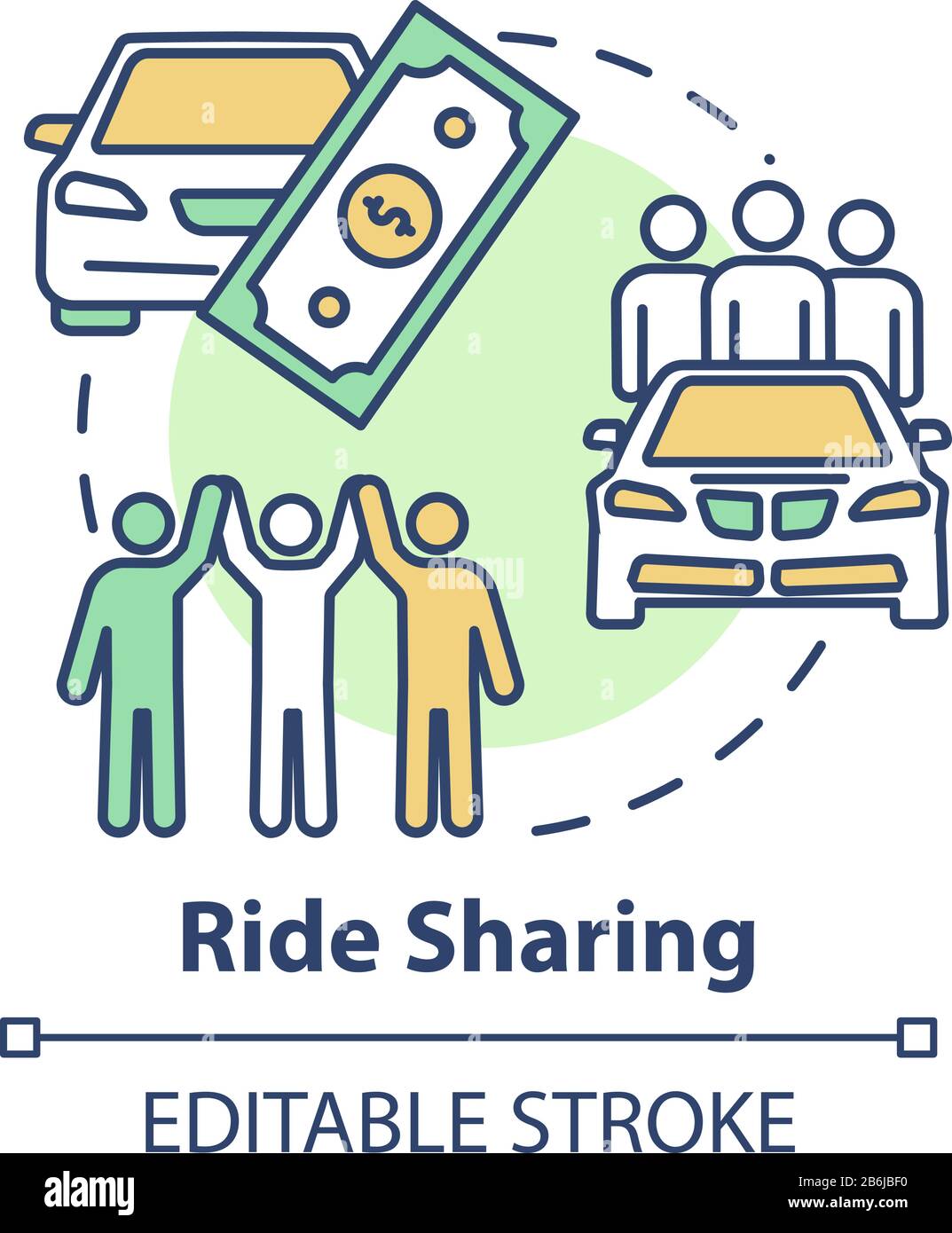 Ride sharing concept icon. Money saving travel, carpooling idea thin