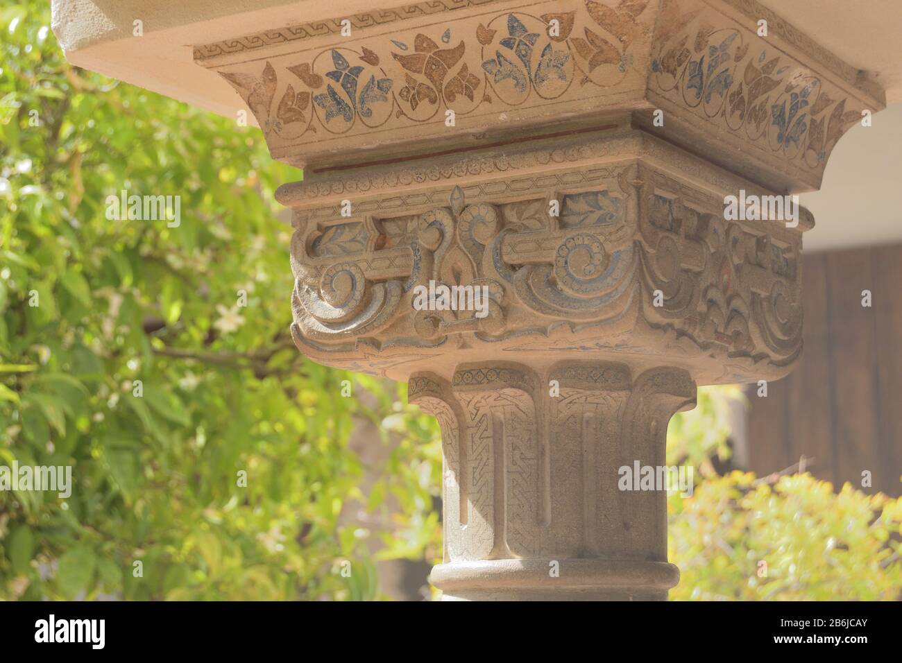 Ornaments in chapiter column in ancient muslim palace of Alcazaba, Malaga, Spain Stock Photo