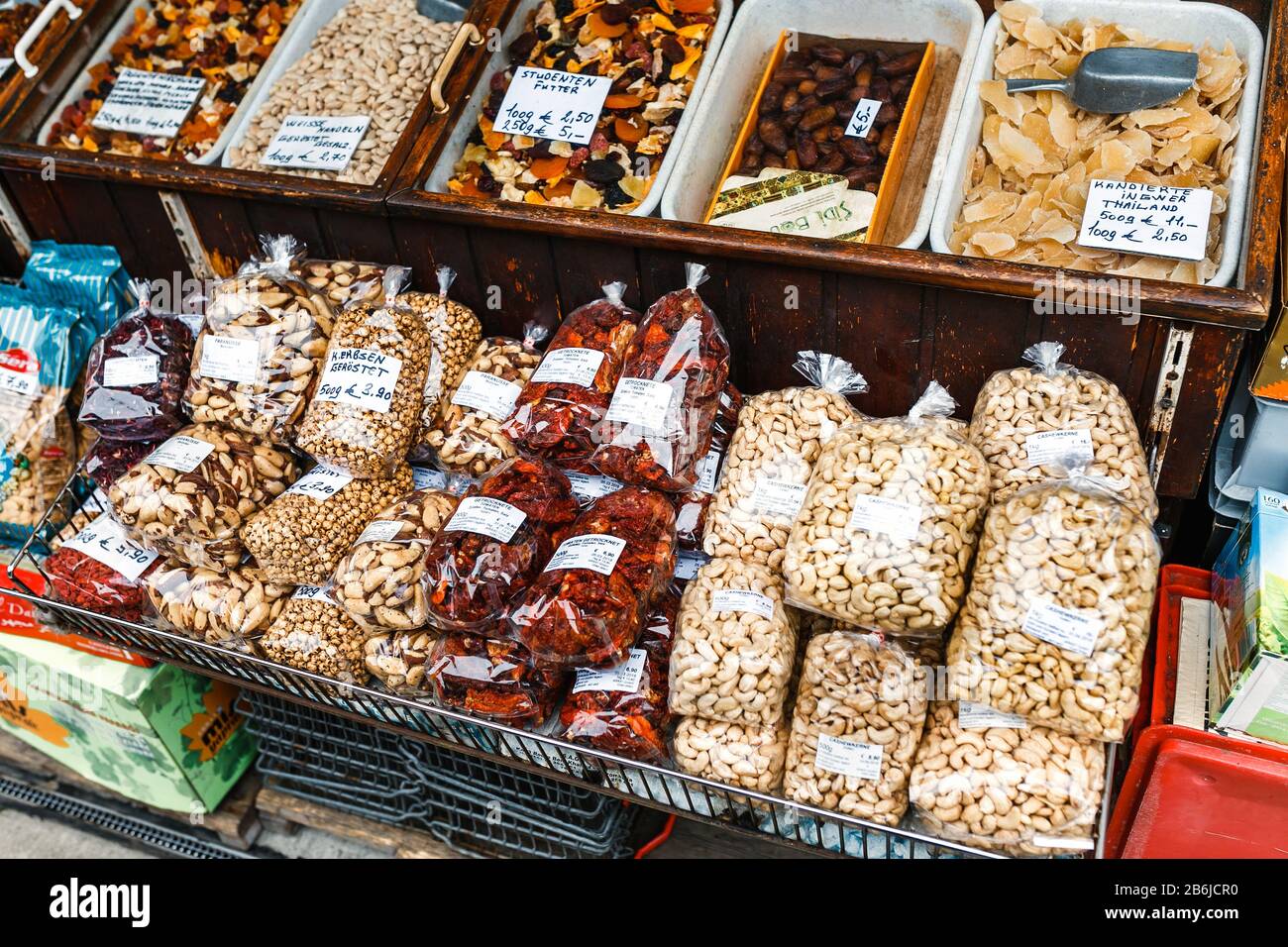 VIENNA, AUSTRIA, 23 MARCH 2017: Market stall with various dried fruits and nuts at the Naschmarkt most popular center food market in Vienna Stock Photo