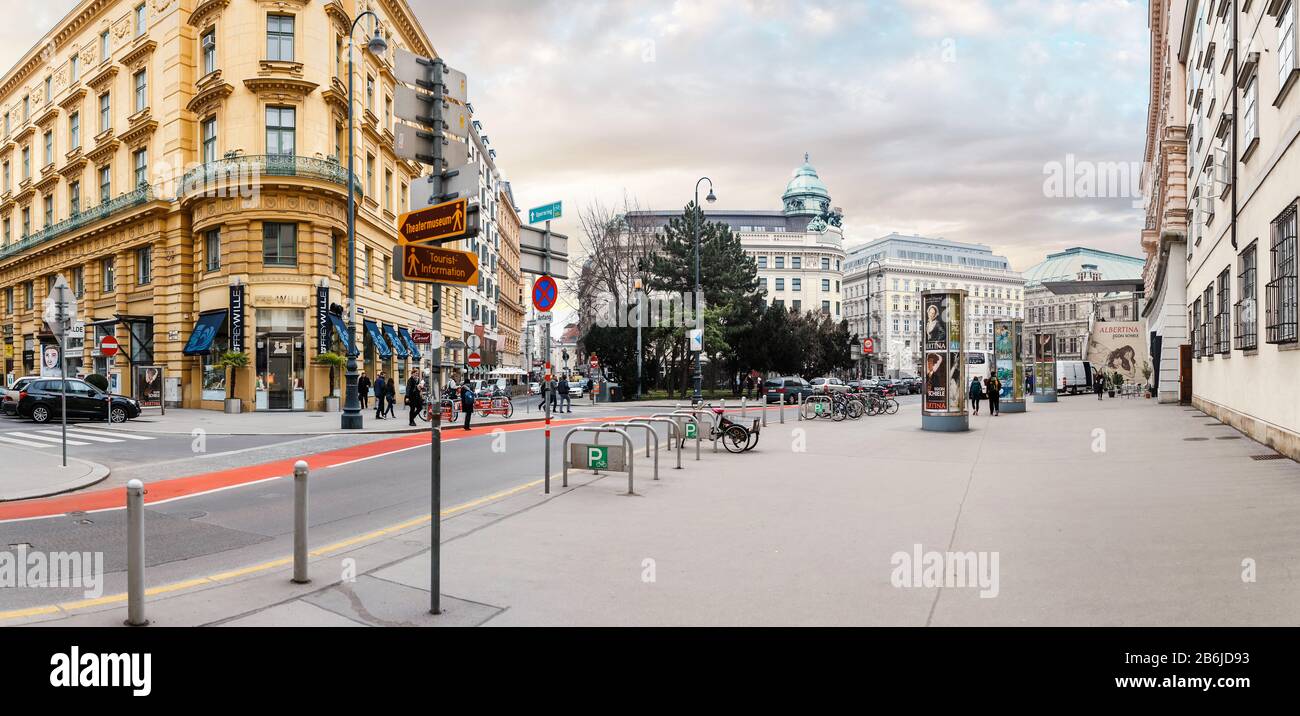 VIENNA, AUSTRIA, 23 MARCH 2017: Panoramic view of the central city street Augustiner with Albertina and tourist information center Stock Photo