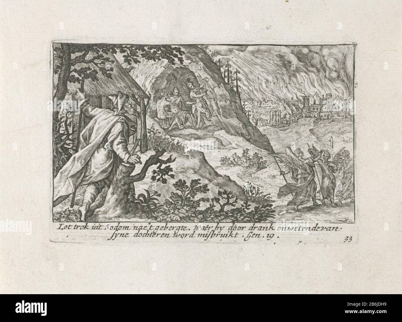 The destruction of Sodom and Gomorrah Liber Genesis (series title) Abraham sees smoke rising from Sodom and Gomorrah. In the background Lot and his daughters, who drank carry their father and sleep with him. In the margin a two-line caption in Nederlands. Manufacturer : printmaker: Crispijn of Passe (I) Publisher: Isaac Greve Place manufacture: printmaker: Utrecht Publisher: Amsterdam Date: 1700 - 1750 Physical features: car material: paper Technique: engra (printing process) Dimensions: plate edge : h 81 mm × W 124 mmToelichtingPrent used in Liber Genesis / The book of Genesis, third edition. Stock Photo