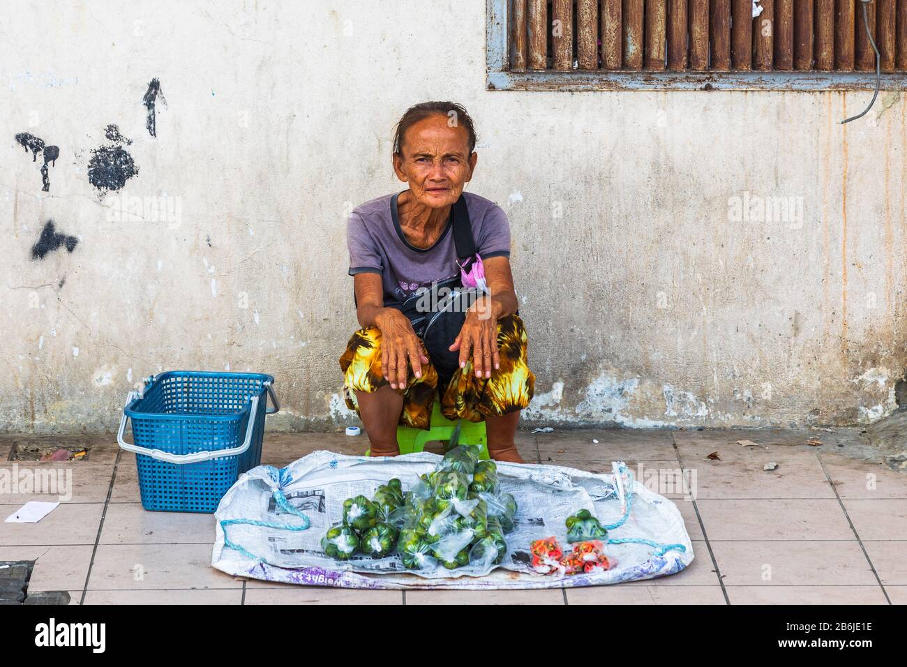 local woman selling fresh vegetables on the pavement, Sandakan, Sabah district, Malaysia, Asia Stock Photo
