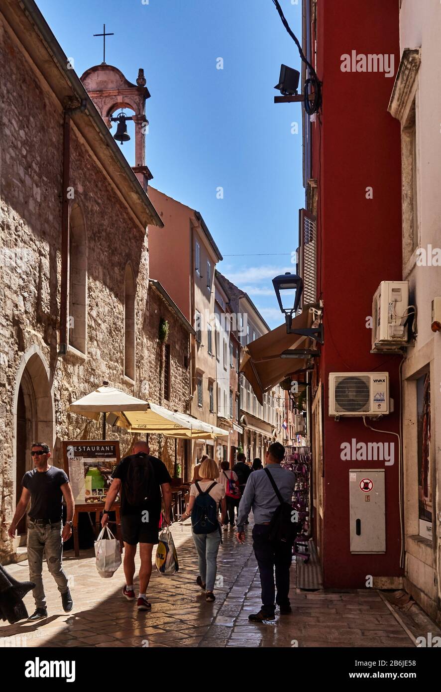 Zadar, Dalmatia province, Croatia, Traditional painted houses, in pedestrian street paved with limestone of the old town, Zadar is an adorable fortified city, Stock Photo