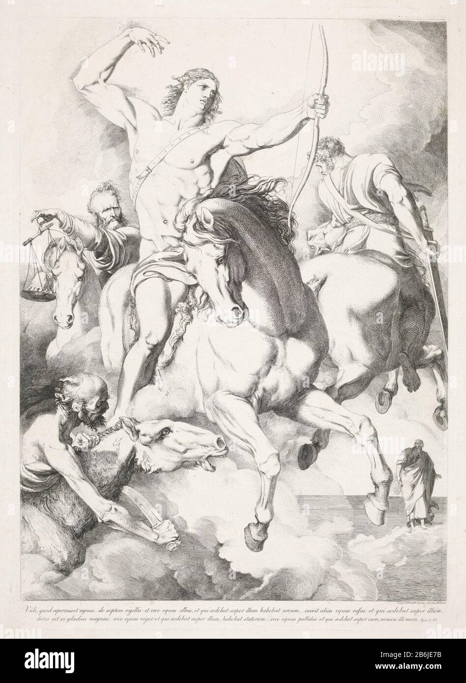 The four apocalyptic horsemen Amidst an apocalyptic horseman with arrow and arc. Around him the rider with balance, with a sword and a heavy d. In the background right (on earth) the apostle John with his attribute the eagle, looking up at the riders in the wolken. Manufacturer : printmaker Luigi Sabatelli (I) (listed building) in its design: Luigi Sabatelli (I) ( listed on object) Place manufacture: Milan Date: 1782 - 1850 Physical features: etching material: paper Technique: etching dimensions: plate edge: h 630 mm × W 453 mm Subject: the four horsemen of the Apocalypse Stock Photo