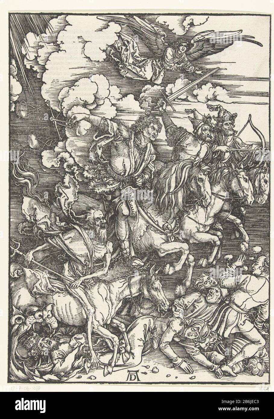 The four horsemen of the apocalypse Four men on horseback armed with a bow and arrow, a heavily d, scales and a rake, walk people underfoot. On verso Latin Bible in Gothic script in two kolommen. Manufacturer : printmaker Albrecht Dürer (listed property) Place manufacture: Nuremberg Date: 1497-1498 and / or 1511 Physical features: woodcut and letterpress material: paper Technique: woodcut / printing sizes: image: h 394 mm x W 280 mmToelichtingIllustratie in a Latin edition of the Book of Revelation. Klinkert, C. Subject: the four horsemen of the Apocalypse Stock Photo