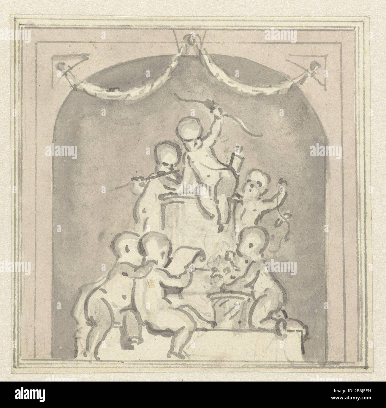 The five senses do triumph Love Draft kamerwand. Manufacturer : artist: Jurriaan Andriessen Dating: ca. 1752 - ca. 1819 Physical features: pen gray, graphite, brush and gray material: paper ink graphite technology: pen / brush dimensions: h 131 mm × W 132 mmToelichtingOntwerp for decorative painting: the five senses to triumph Love (De Groot, the house of Jamin) . Subject: the (five ) sense Stock Photo