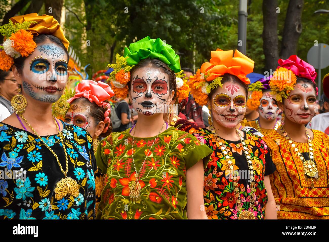 Mexico City, Mexico, ; October 26 2019: Young Girls dressed as catrinas in typical costumes at the Day of the Dead celebration in Mexico Stock Photo