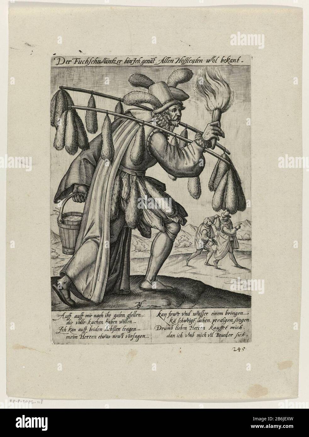 dealers fox tails wearing his Where: a belt around his waist and tied to two sticks over his shoulders. In one hand a bucket of water, in the other hand a burning torch. In the background a man holding a second gentleman holds a foxtail. With signature in the Duits. Manufacturer : print maker: Matthew Greuter (indicated on object) Dating: after 1574 - for 1596 Material: paper Technique: engra (printing process) / plate tone measurements: plate edge: H 234 mm × W 165 mmToelichtingAangezien Fuchsschwanz in German, in addition to foxtail also means flattery, the foxtail seller should probably be Stock Photo