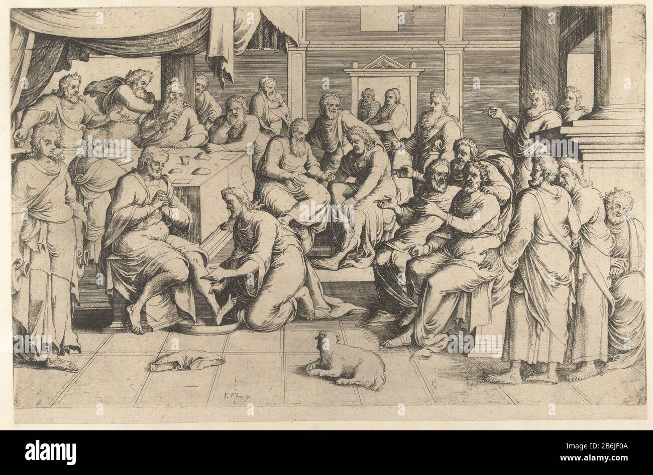The foot-washing of Peter The disciple Peter washes the feet of Christus. Manufacturer : printmaker: Frans Floris (I) (possible) printmaker: Crispin van den Broeck (rejected attribution) to design: Frans Floris (I) (listed building) Dated: 1534 - 1570 Physical features: etching and engra material: paper technique: etching / engra (printing process) Dimensions: sheet: h 320 mm × W 485 mm Subject: Christ washes Peter's feet and right Stock Photo