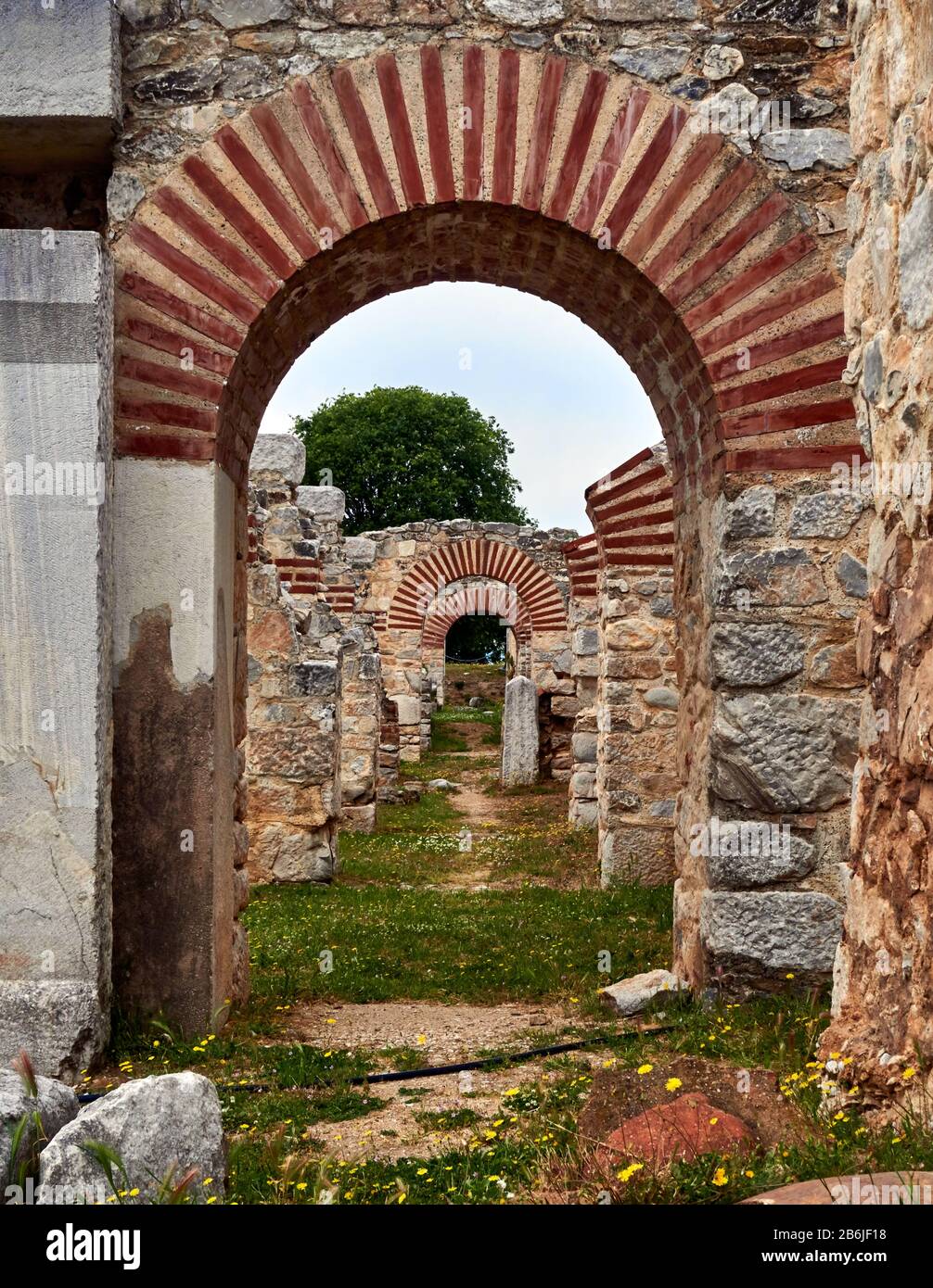 Kavala, Eastern Macedonia, Aegean Sea, Greece, arched passages in the Archaeological Site of Philippi - Overview. The most important archaeological site of eastern Macedonia, with characteristic monuments of the Hellenistic, Roman and Early Christian periods. The history of the site of Philippi begins in 360/359 B.C. when the colonists from Thasos founded the first city, called Krenides. Stock Photo