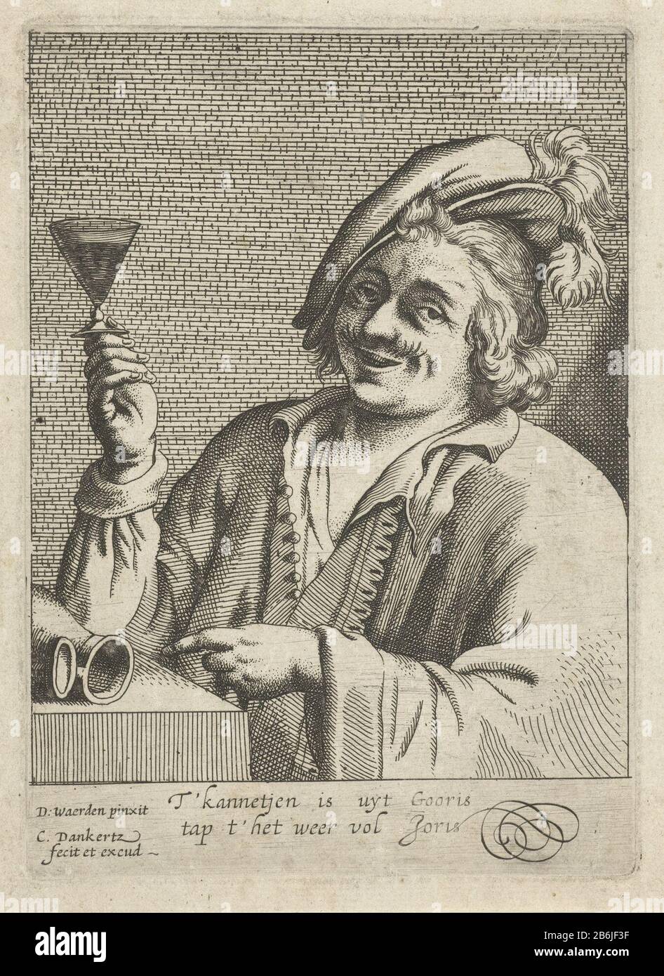 The Merry Drinker Smiling man with wine glass and empty can. In the margin a Dutch verse in two lines with a reference to the empty kan. Manufacturer : printmaker Cornelis Danckerts (I) (listed building) to painting by D. Waerden (listed building) publisher Cornelis Danckerts (I) (shown on object) Place manufacture: The Netherlands Date: 1613 - 1656 Physical characteristics: etching material: paper Technique: etching dimensions: plate edge: h 149 mm × W 107 mmToelichtingPrent to painting by D. Waerden. Subject: drinkingjar, jug (used as drinking-vessel) Stock Photo