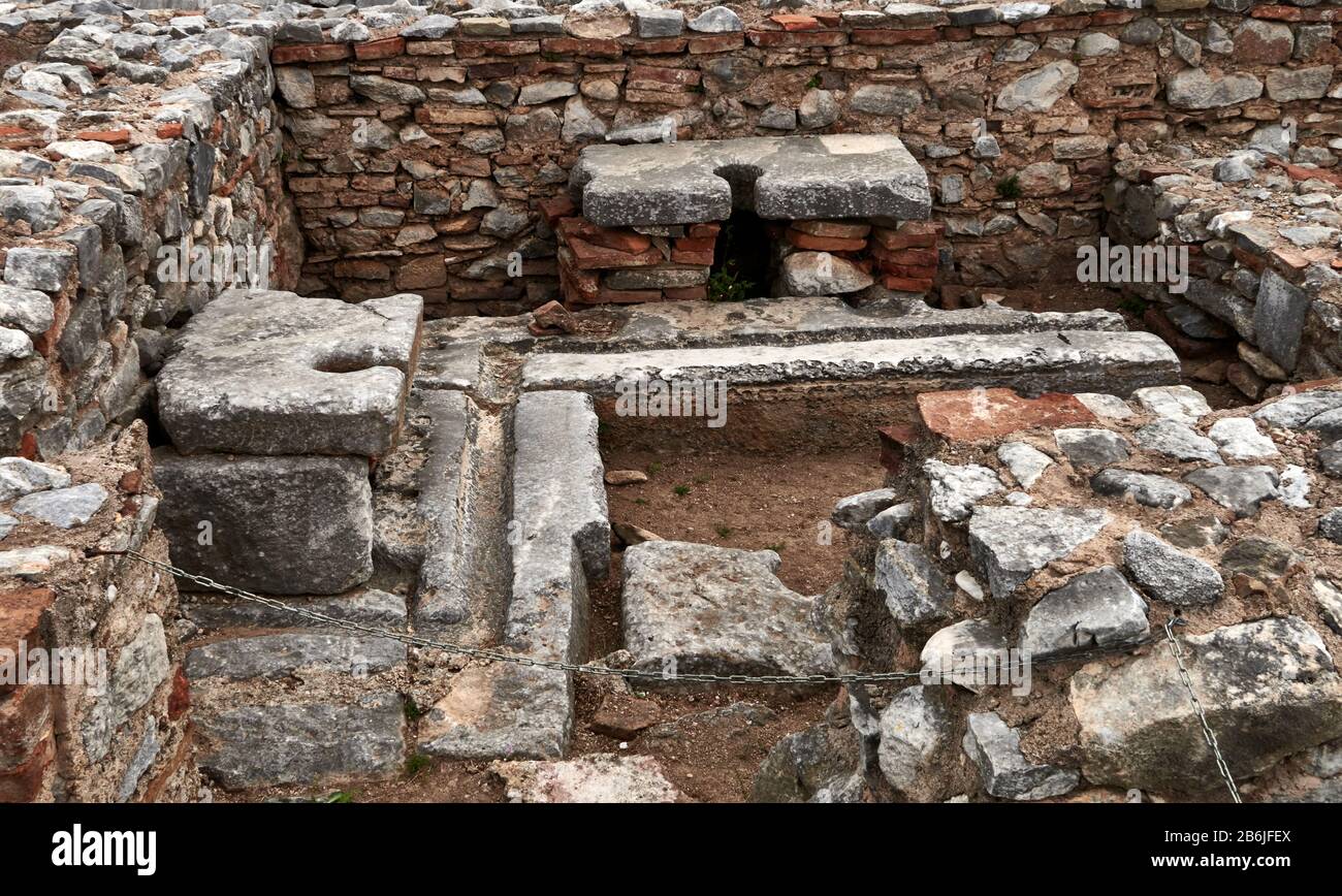 Kavala, Eastern Macedonia, Aegean Sea, Greece, Privacy was an unknown  concept in Roman cities, where even public toilets were places of social  gathering in the imposing Forum,The most important archaeological site of
