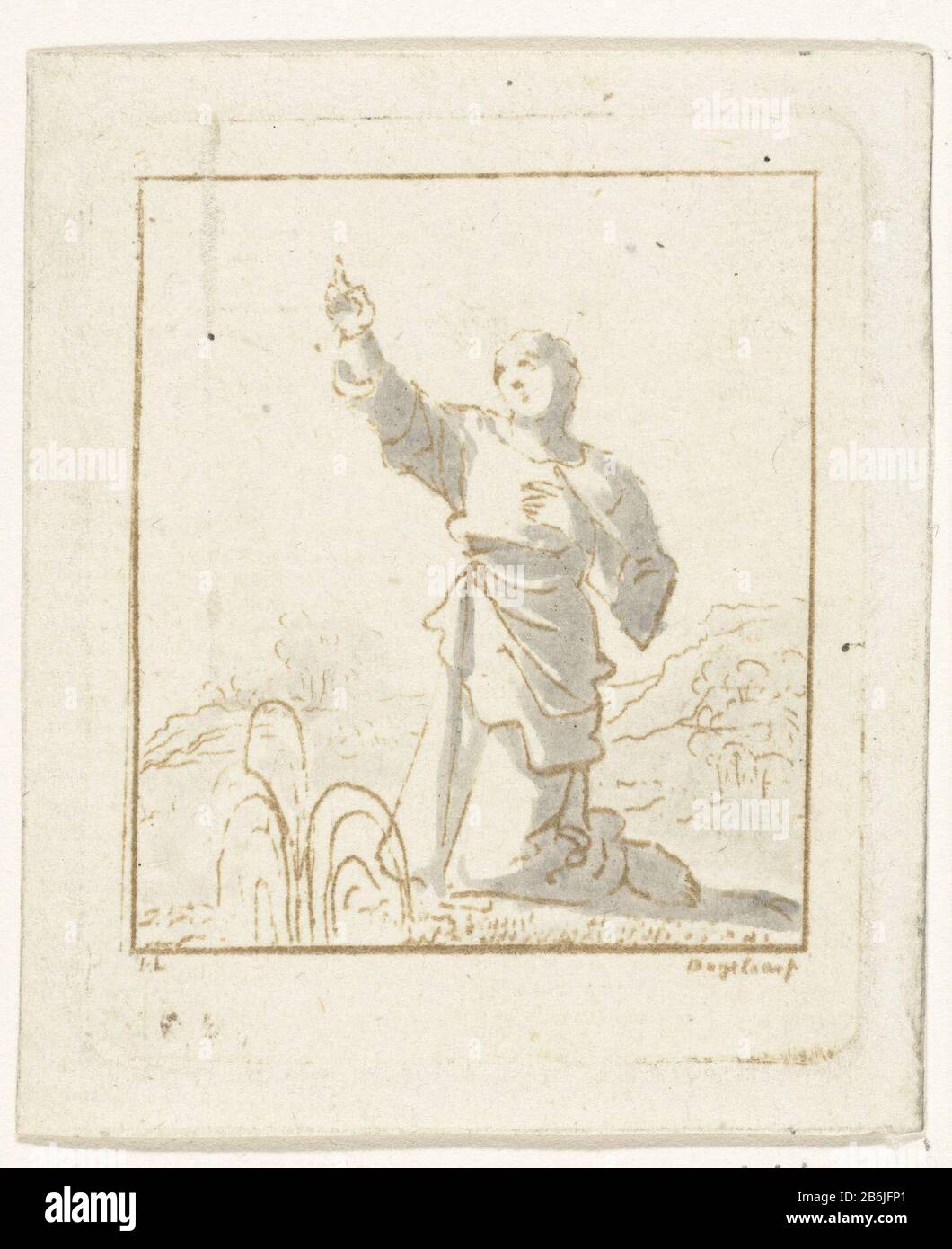 The soul points to the stars The soul points to the celestial object type: picture Item number: RP-P-OB-26.379Catalogusreferentie: Hippert & Linnig 26-1 (2) Description: A kneeling man, the personification of the soul, pointing to the sky. This print depicts a detail of a drawing by Jan Luyken entitled Jesus and the soul consider sterrenhemel. Manufacturer : printmaker Ernst Willem Jan Bagelaar (listed property) to drawing: Jan Luyken (listed property) Place manufacture: Netherlands Date: 1798 - 1837 Physical characteristics: print drawing, contour lines in etching printed in brown ink, washin Stock Photo