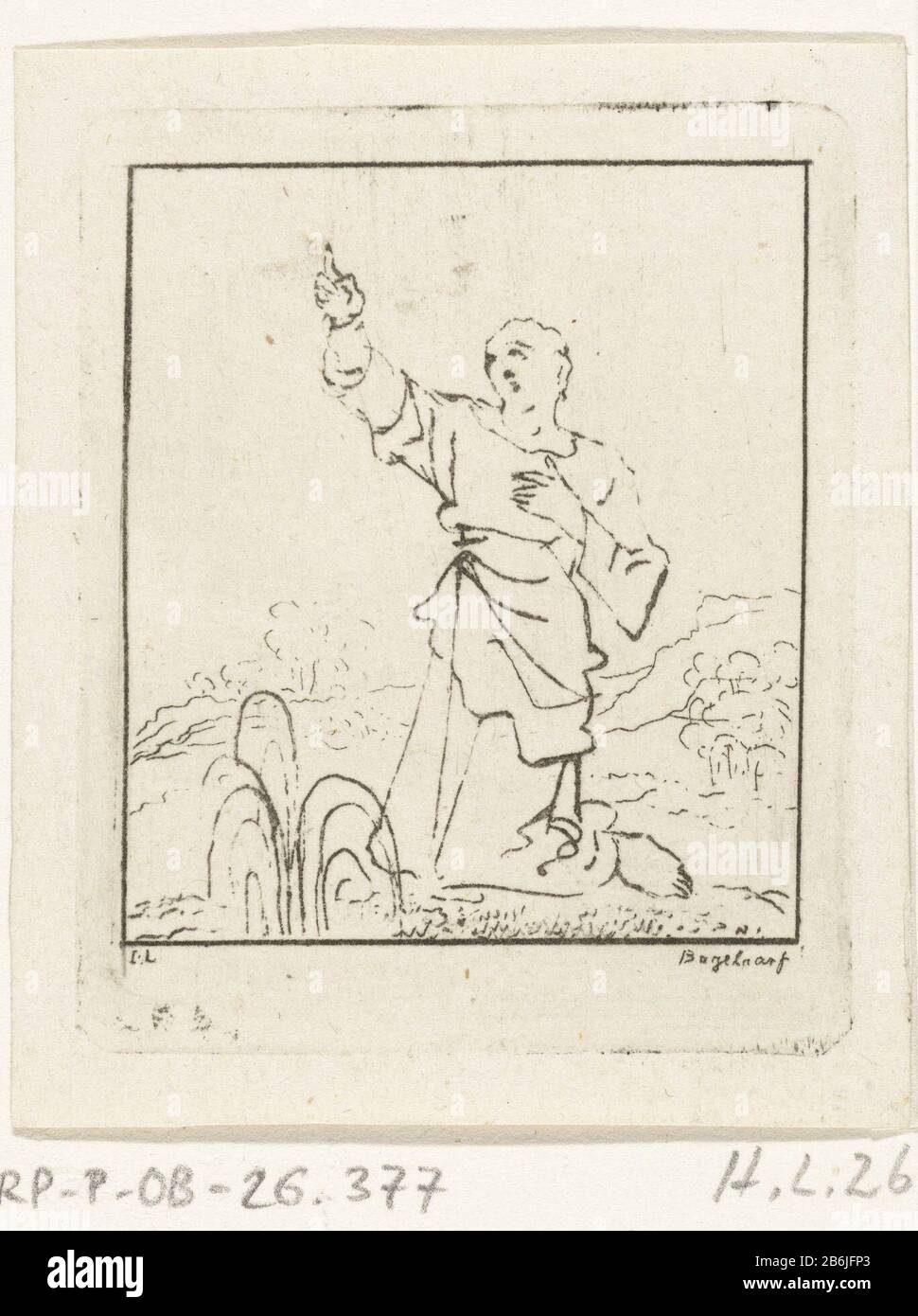 The soul points to the stars The soul points to the celestial object type: picture Item number: RP-P-OB-26.377Catalogusreferentie: Hippert & Linnig 26-1 (2) Description: A kneeling man, the personification of the soul, pointing to the sky. This print depicts a detail of a drawing by Jan Luyken entitled Jesus and the soul consider sterrenhemel. Manufacturer : printmaker Ernst Willem Jan Bagelaar (listed property) to drawing: Jan Luyken (listed property) Place manufacture: Netherlands Date: 1798 - 1837 Physical characteristics: print drawing, contour lines in the etching material: paper Techniqu Stock Photo
