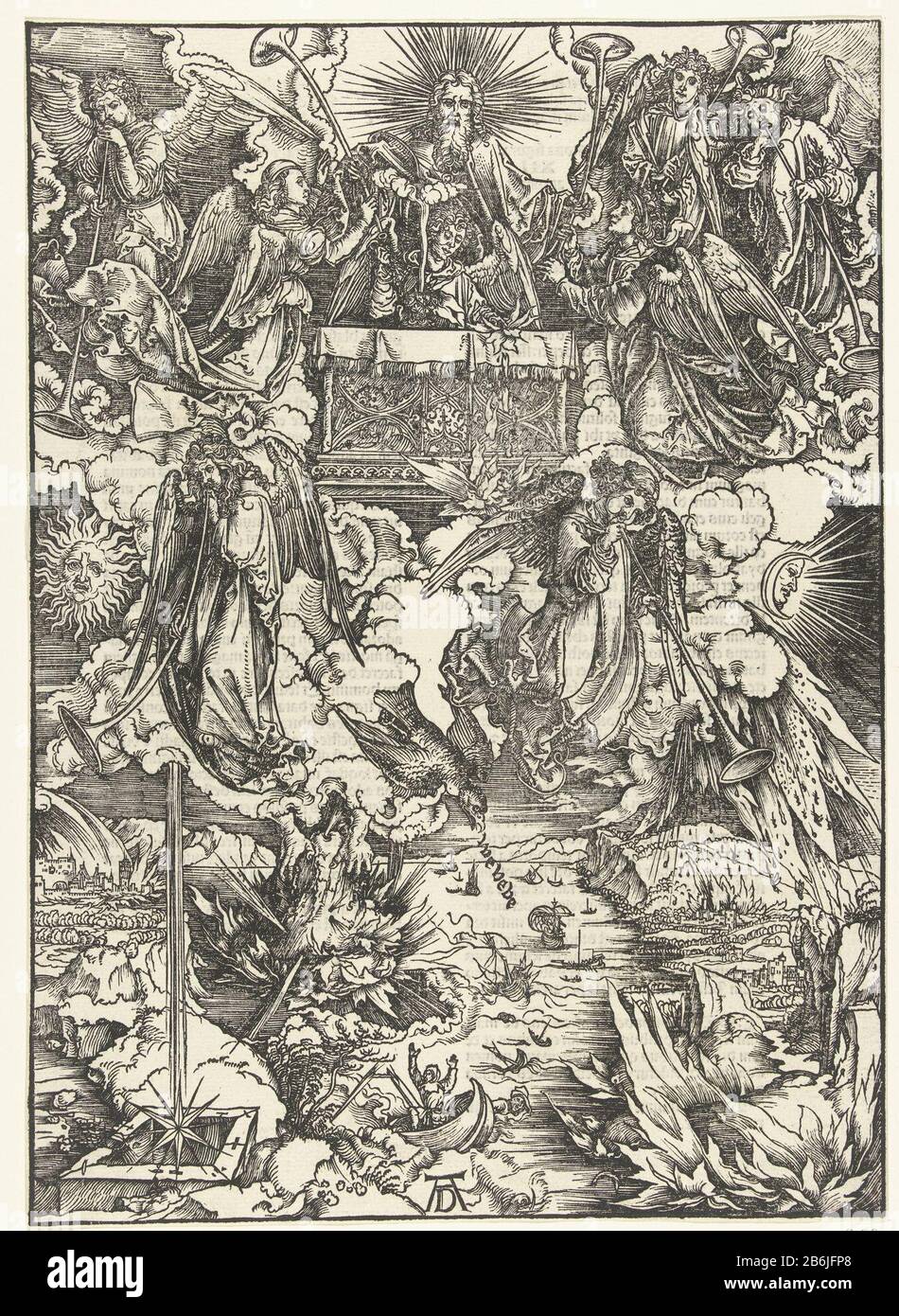 The seven angels with trumpets God hands trumpets to seven angels in heaven. If they blow it, there will be great tribulation on earth: cities are burning, sinking ships. An eagle laments the earthlings with the words' ve ve ve. On verso Latin Bible in Gothic script in two kolommen. Manufacturer : printmaker Albrecht Dürer (listed property) Place manufacture: Nuremberg Date: 1496-1497 and / or 1511 Physical features: woodcut and letterpress material: paper Technique: woodcut / printing sizes: image: h 392 mm × W 281 mmToelichtingIllustratie in a Latin edition of the Book of Revelation. Klinker Stock Photo