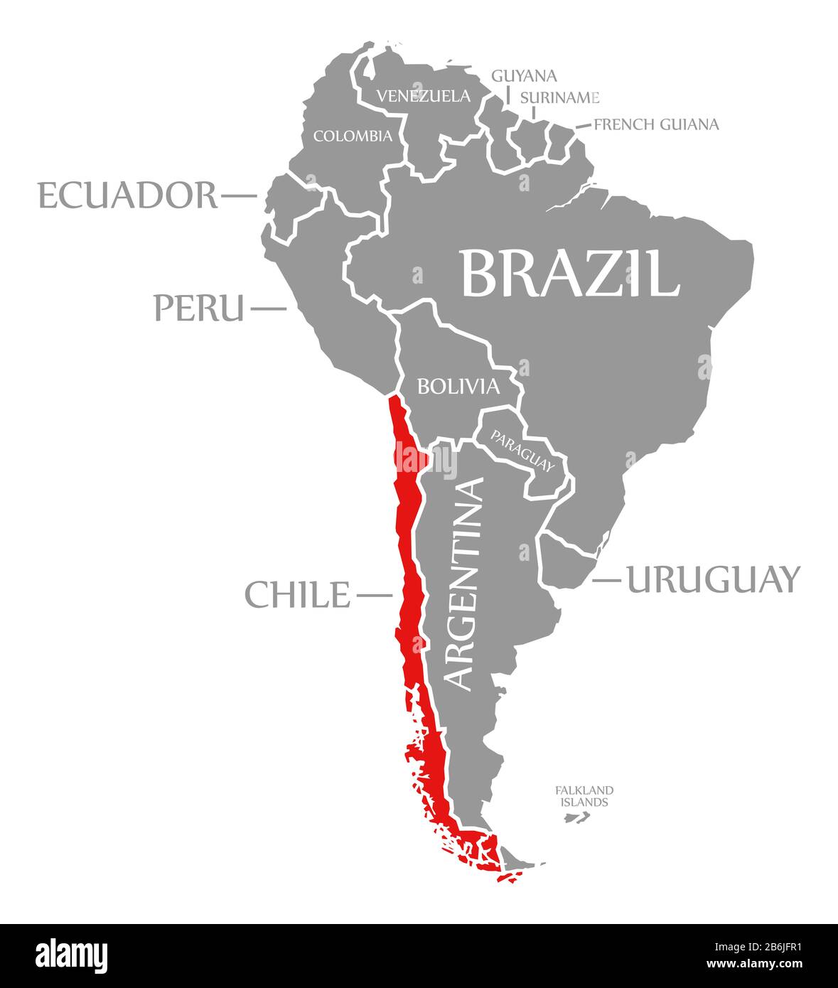 Chile red highlighted in continent map of South America Stock Photo