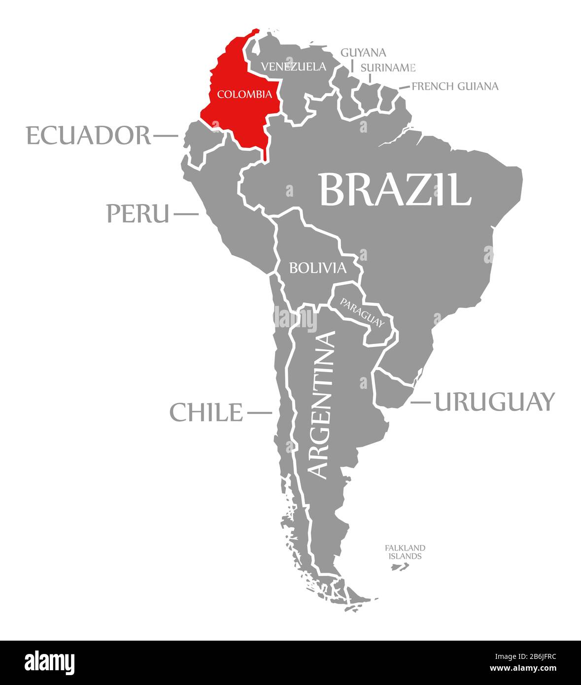 Colombia red highlighted in continent map of South America Stock Photo
