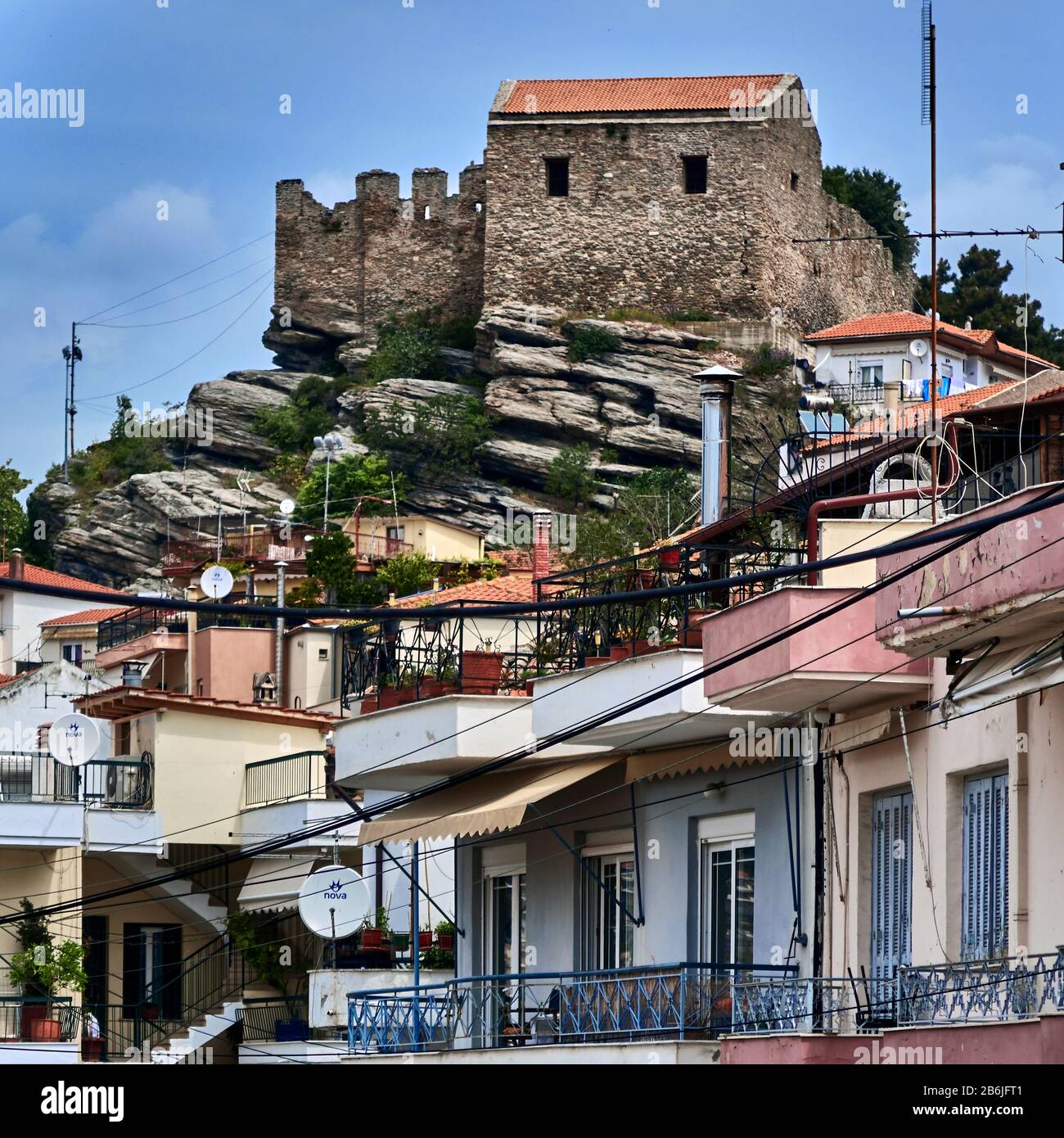 Kavala, Eastern Macedonia, Aegean Sea, Greece, View on the old town with the Byzantine fortress on the top at Kavala, It was an ancient castle that was rebuilt and reinforced several times by the Byzantines, but the current structure is mainly from the Ottoman reconstruction of 1425. Stock Photo