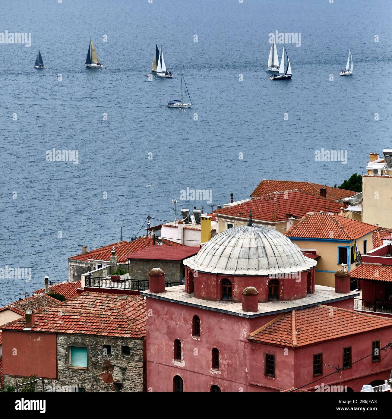 Kavala, Eastern Macedonia, Aegean Sea, Greece, view of the Aegean Sea and its sailboats from the Byzantine fortress of the port of Kavala Stock Photo