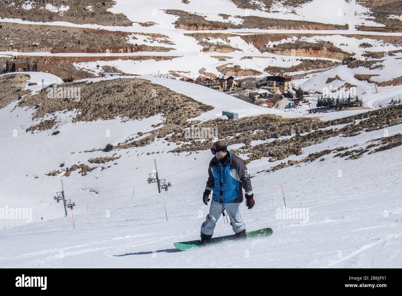 Mzaar Kfardebian Lebanon 11 March A Snowboarder Takes To The Slopes On A Warm Sunny
