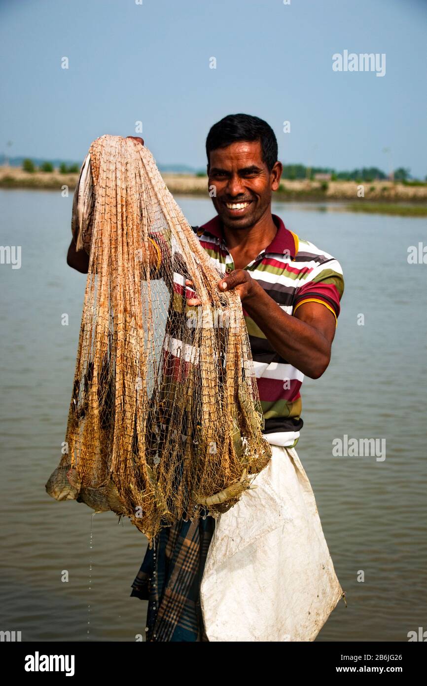 Shrimp and prawn called white gold for Bangladeshi economy. It is also an environment  friendly technology and great way to fight climate change. Stock Photo