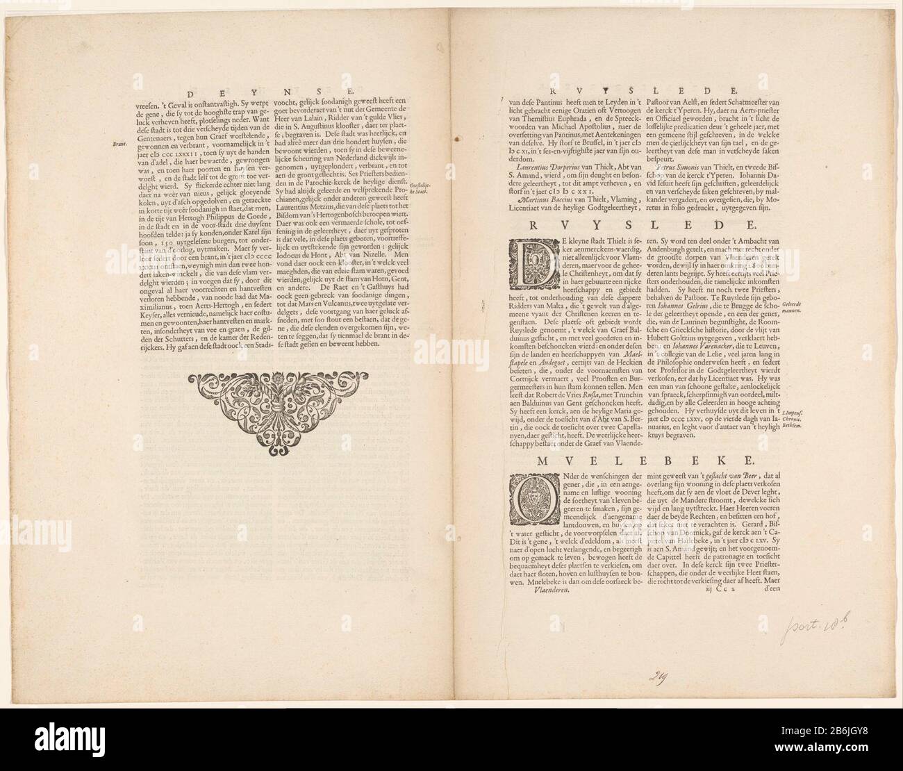 Part of the description of Deinze, Ruiselede and Meulebeke Deynse Ruys Lede Muelebeke (title object) part of the description of Deinze, Ruiselede and Meulebeke, from Blaeu's' Show Neel of cities of the Vereenighde Nederlanden'. Manufacturer : publisher John Willemszoon Blaeu Place manufacture: Amsterdam Date: 1652 Physical features: woodcut and text in letterpress on recto and verso material: paper Technique: letterpress / wood block dimensions: sheet: 528 mm × h 676 b used in mmToelichtingTekst: Blaeu, Johannes Willem Son. View Neel of the cities of the Vereenighde Netherlands. 2 parts. Amste Stock Photo