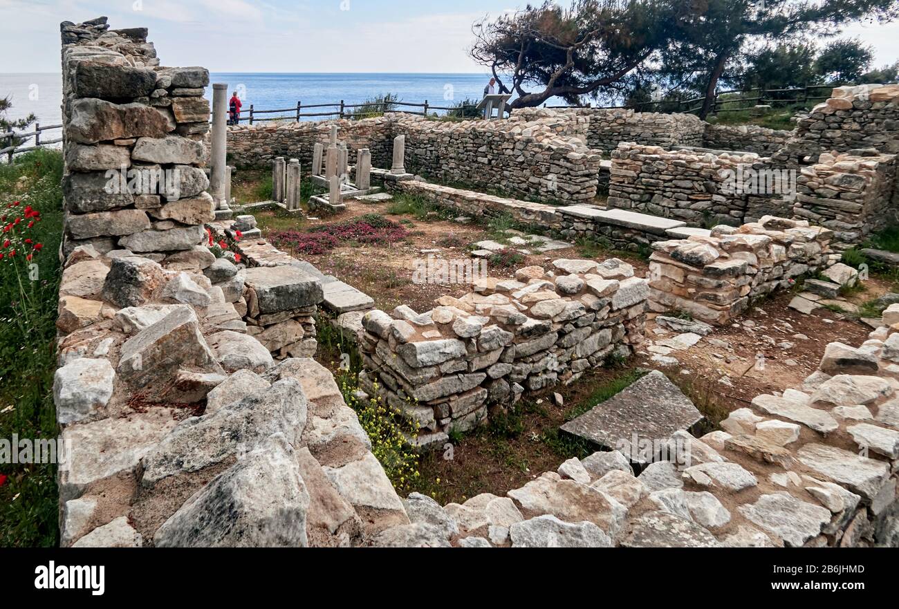 Thassos Island, , Greece ,Europe, It is said that during the antiquity, it was the kingdom of Aliki which had large population and a big port.During the 7th century B.C. Additionally, the ancient dorp is of great archaeological interest.On the highest spot, there are the remnants of two palaeo-Christian basilicas of the 5th century, Alykes is a peninsula of archeological intrrest Stock Photo