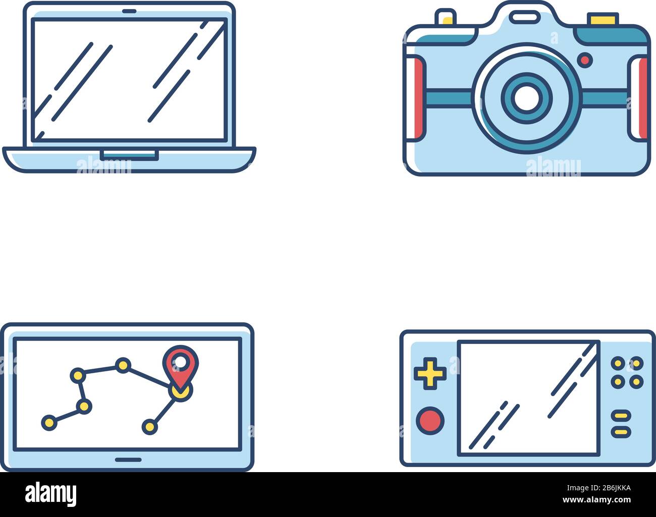 Mobile devices RGB color icons set. Pocket electronic gadgets. Smart technology. Navigation assistant, game console. Laptop, photo camera. Compact Stock Vector