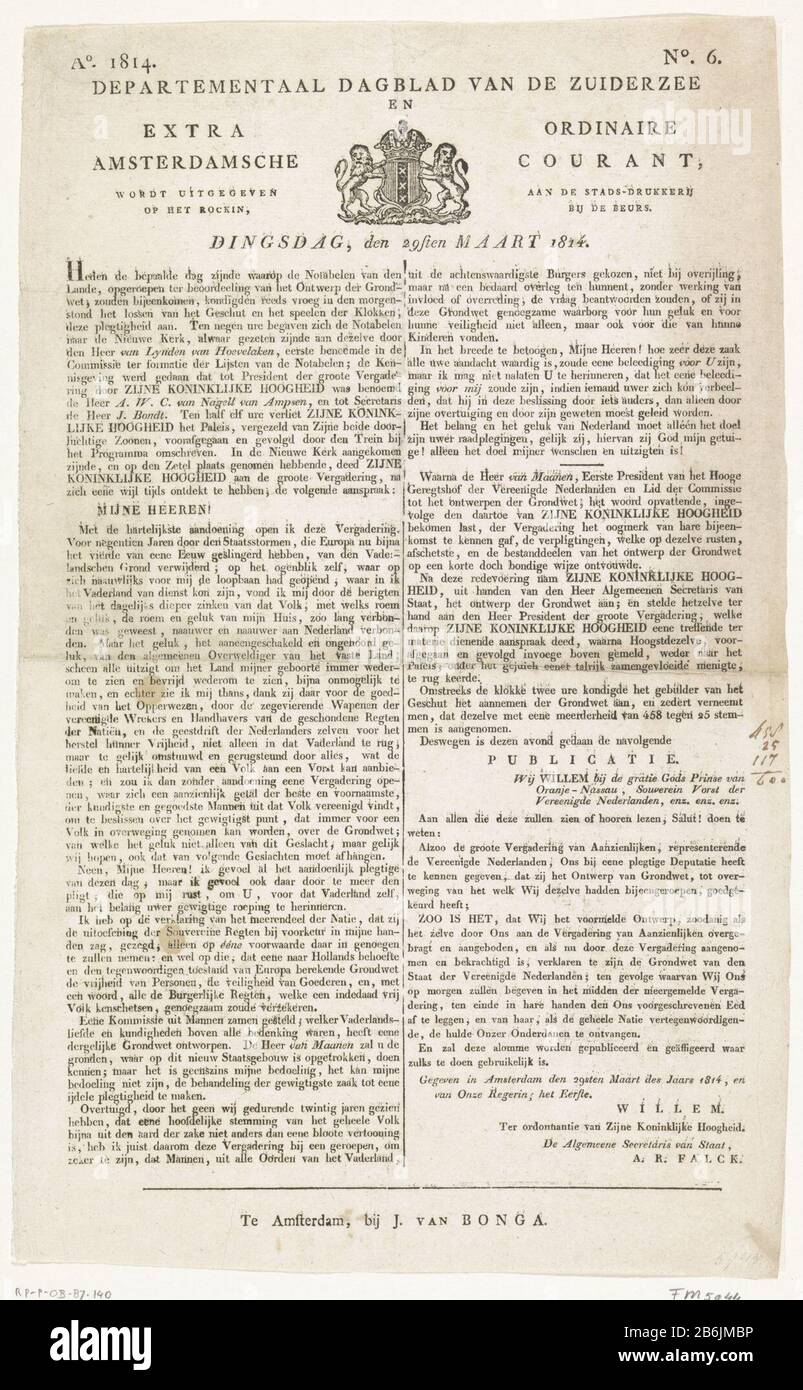 of the Zuiderzee departmental Dagblad Extra Ordinary Amsterdamsche Courant Ao 1814 No. 6 March 29, 1814 Copy of the Departmental Newspaper of the Zuiderzee. Extra Ordinary Amsterdamsche Courant. Ao 1814 / No. 6 of March 29, 1814, with the report of the Assembly of notables with Willem Frederik, Prince of Orange as sovereign prince on March 29 on the draft of the new constitution. Leaf printed on one zijde. Manufacturer : publisher: Stadsdrukkerij (listed building) printer J. Bonga (listed property) Place manufacture: Amsterdam Date: 29-mar-1814 Physical features: text printing, vignette woodcu Stock Photo