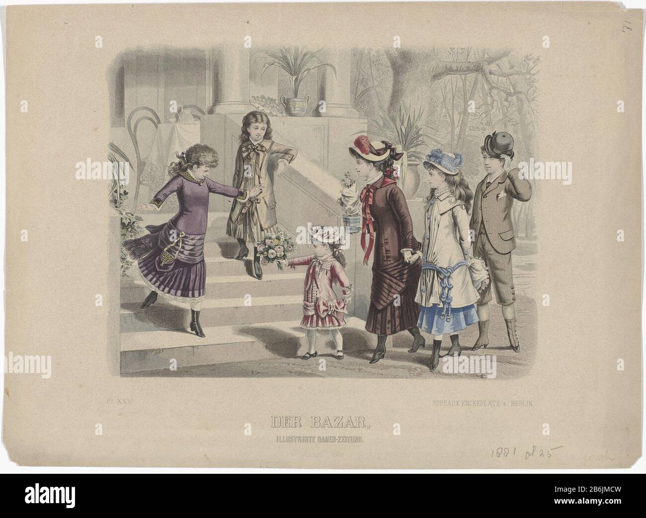 The bazaar, Illustrirte Ladies Newspaper, April 1881, Pl 25A girls and boys clothing 1881 Manufacturer : print maker: anonymous date: 1881 Physical characteristics: engra, hand-colored material: paper Technique: engra (printing process) / with hand color dimensions: sheet: h 258 mm × W 354 mm Subject: dress, gown (+ girls 'clothes) bag (+ girls' clothes) fashion platescut flowers; nosegay, bunch of flowers boots (+ girls 'clothes), head-gear: hat (+ girls' clothes) trousers, breeches, etc. (breeches) (+ boys 'clothes), head-gear: hat (+ boys' clothes) coat ( + boys 'clothes) boots (+ boys' clo Stock Photo