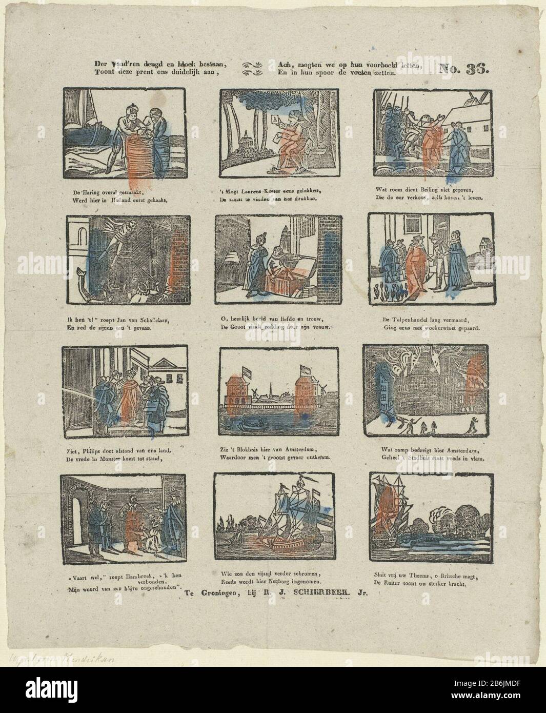 Vaad'ren of virtue and prudent life, show us this picture clearly, Ah mogten we look at their example, and their track set feet (title object) Leaf with 12 representations of characters and events from Dutch history, Where: under Laurens Janszoon Coster (one of the inventors of printing ), Hugo Grotius which ontslapt from Loevestein and Philip IV of Spain and the Peace of Westphalia. Under each image a two-line verse. Numbered upper right: No. 36. Manufacturer : Seller: Rudolph Jacob Schierbeek (listed building) Editor: Johannes Theodorus Wijnhoven-Hendriksen Print Author: anonymous place Manu Stock Photo