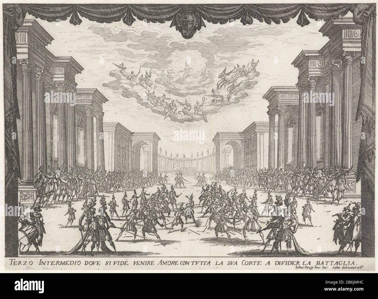 On A Stage With Stately Neoclassical Buildings Found On The Ground A Battle Between Soldiers Behind Them Are Musicians Disposed Opposite To Each Other In Two Groups From The Sky Falls Love