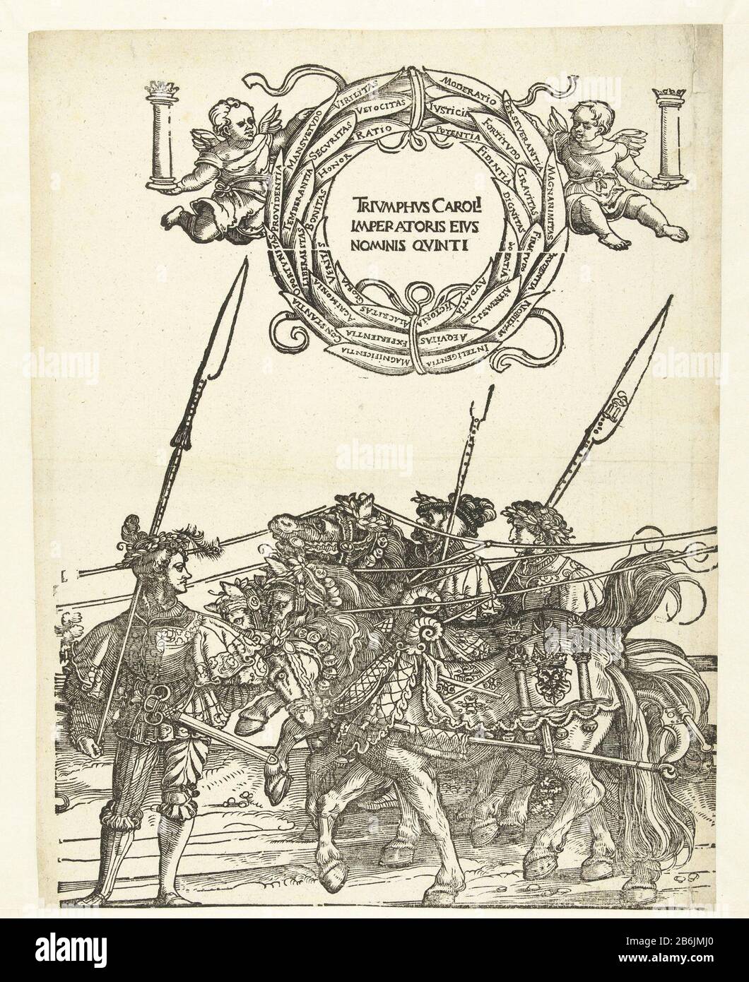 Third span of four horses Chariot of Charles V, 1537 (series title) Third team of four horses for the chariot. At the top of the inscription in a laurel held by two angels with the two columns of Hercules. Fifth plate in the victory procession of Charles V, 1537. Manufacturer : print maker: Hans SchäufeleinPlaats manufacture: Germany Date: 1537 Physical characteristics: wood block material: paper Technique: wood block dimensions: sheet: h 418 mm × W 329 mmToelichtingSerie of 9 wood blocks the chariot of Charles V which can be assembled to form a continuous fascia to each other. The text above Stock Photo