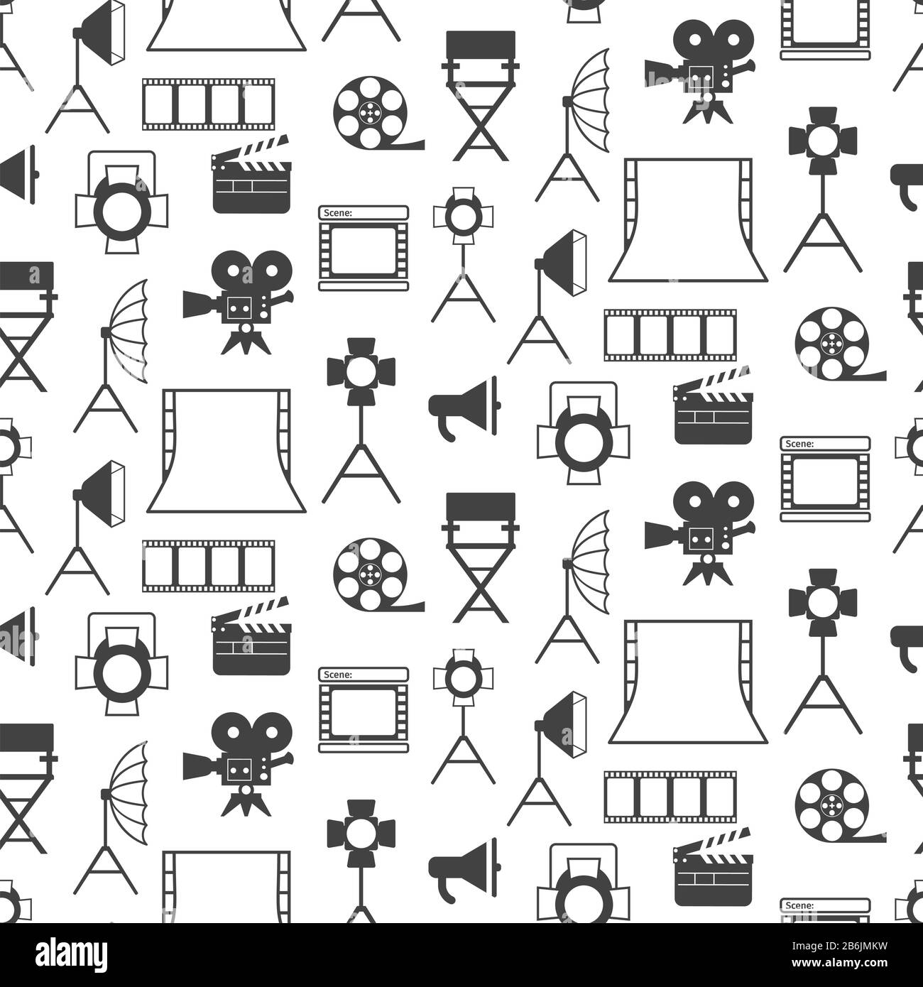 Seamless pattern with black video production icons. Stock Vector